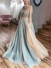 A-line V-neck Tulle Sweep Train Prom Dresses With Flower(s) #UKM020114380