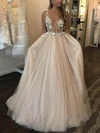 Ball Gown V-neck Tulle Sweep Train Prom Dresses With Appliques Lace #UKM020114382