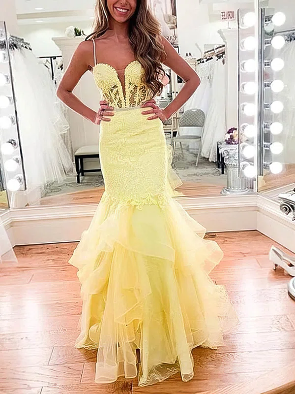 Trumpet/Mermaid V-neck Tulle Sweep Train Prom Dresses With Tiered #UKM020114384