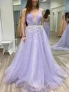 A-line V-neck Lace Tulle Sweep Train Prom Dresses With Sashes / Ribbons #UKM020114385