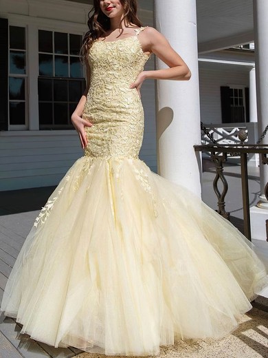 Trumpet/Mermaid Scoop Neck Tulle Sweep Train Prom Dresses With Appliques Lace #UKM020114386