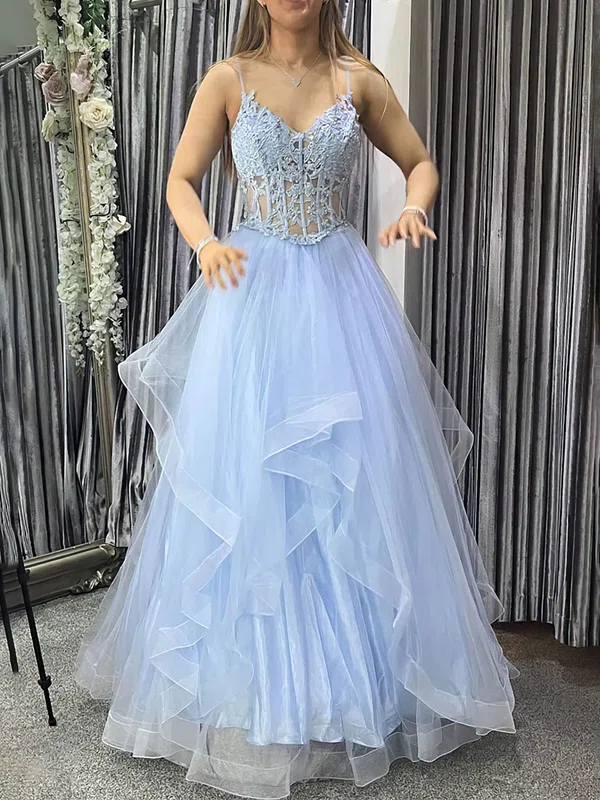A-line V-neck Tulle Sweep Train Prom Dresses With Appliques Lace #UKM020114388