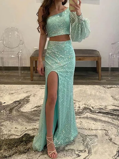 Sheath/Column One Shoulder Sequin Two Piece Prom Dresses With Long Sleeves #UKM020114390