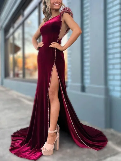 Sheath/Column One Shoulder Velvet Sweep Train Prom Dresses With Split Front  | MillyBridal