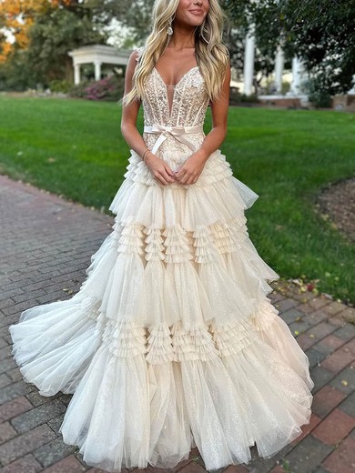 Ball Gown V-neck Tulle Glitter Sweep Train Prom Dresses With Tiered #UKM020114393