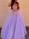 Ball Gown V-neck Tulle Floor-length Prom Dresses With Appliques Lace #UKM020114395