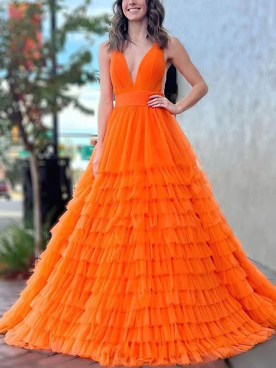 Ball Gown V-neck Tulle Sweep Train Prom Dresses With Tiered #UKM020114396
