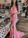 Sheath/Column V-neck Sequined Sweep Train Prom Dresses With Split Front #UKM020114397