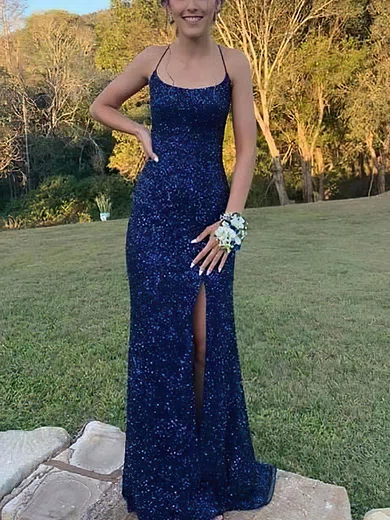 Sheath/Column Scoop Neck Sequined Sweep Train Prom Dresses With Split Front #UKM020114398