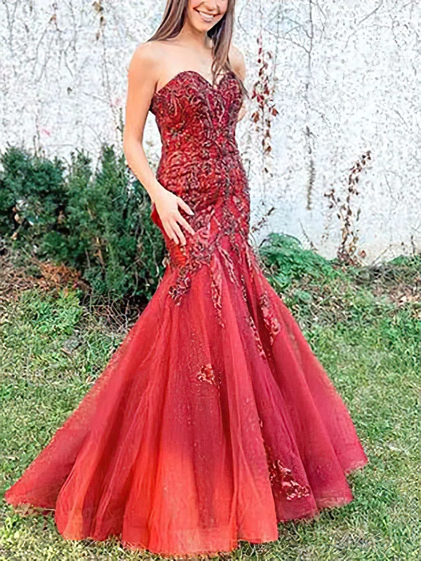 Trumpet/Mermaid Sweetheart Tulle Glitter Sweep Train Prom Dresses With Appliques Lace #UKM020114399