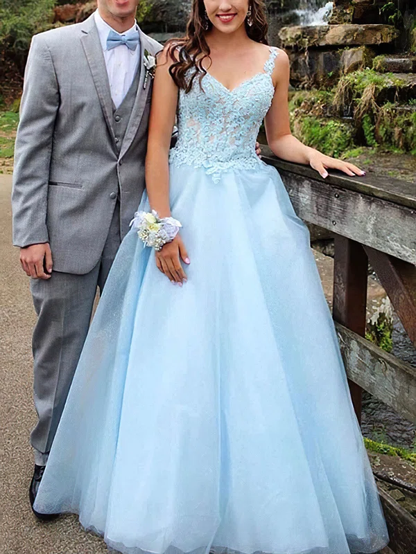A-line V-neck Tulle Floor-length Prom Dresses With Appliques Lace #UKM020114401