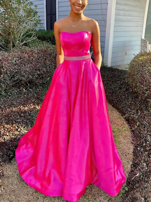 A-line Strapless Satin Sweep Train Prom Dresses With Pockets #UKM020114404