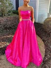 A-line Strapless Satin Sweep Train Prom Dresses With Pockets #UKM020114404