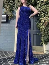 Sheath/Column One Shoulder Sequined Sweep Train Prom Dresses With Split Front #UKM020114405
