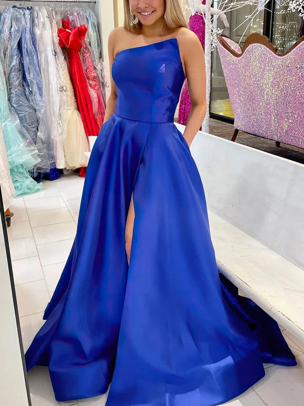 A-line Strapless Satin Sweep Train Prom Dresses With Pockets #UKM020114407