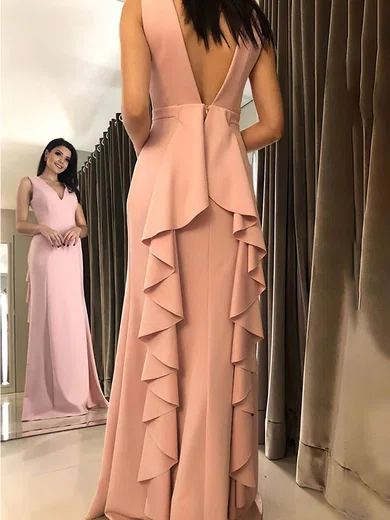 Sheath/Column V-neck Stretch Crepe Floor-length Prom Dresses With Cascading Ruffles #UKM020114417