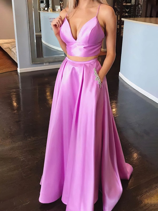 Ball Gownprincess Sweep Train V Neck Satin Beading Prom Dresses Millybridal 8448