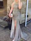 Sheath/Column Scoop Neck Shimmer Crepe Sweep Train Prom Dresses With Split Front #UKM020114420