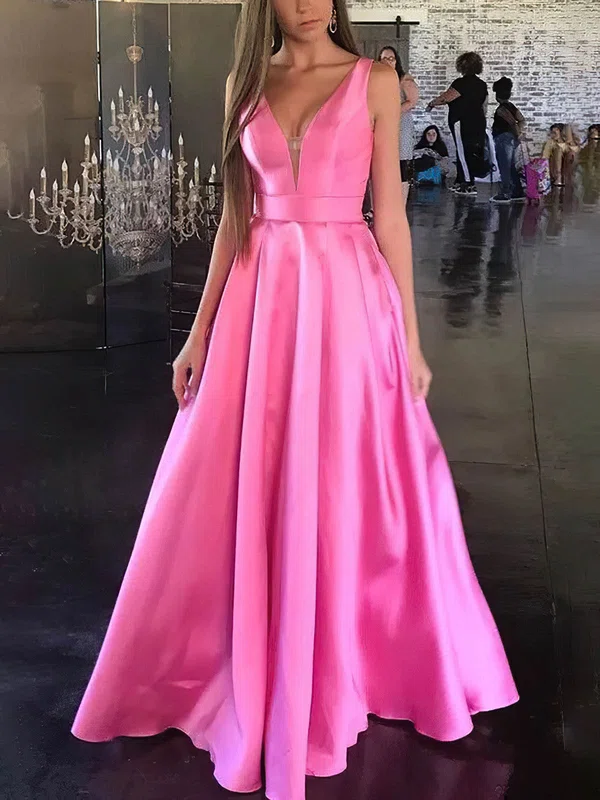 Ball Gown/Princess Floor-length V-neck Satin Prom Dresses #UKM020114421