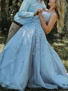 Ball Gown Scoop Neck Tulle Sweep Train Prom Dresses With Appliques Lace #UKM020114424