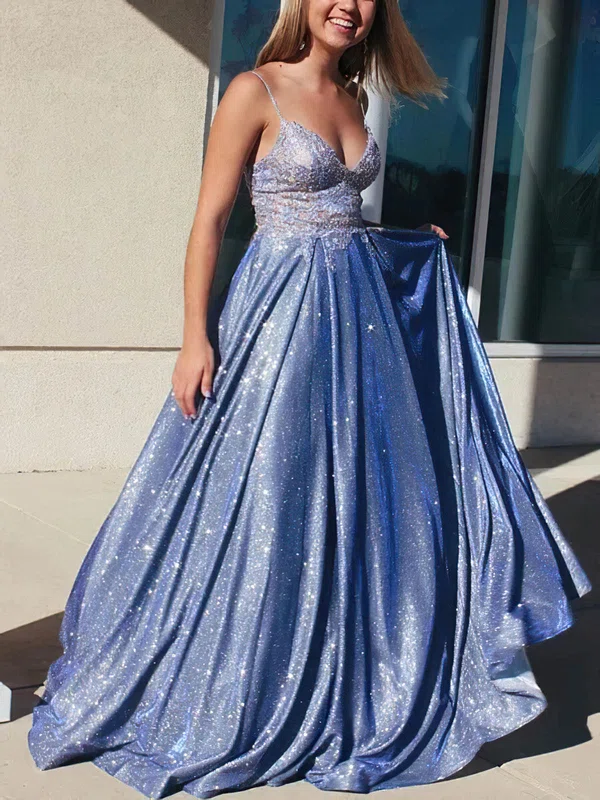 Ball Gown V-neck Glitter Sweep Train Prom Dresses With Pockets #UKM020114428
