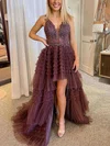 A-line V-neck Tulle Asymmetrical Prom Dresses With Tiered #UKM020114432