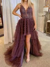 A-line V-neck Tulle Ruffle Tiered Prom Dresses With Appliques #UKM020114432