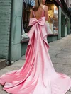 Trumpet/Mermaid V-neck Satin Sweep Train Prom Dresses With Bow #UKM020114435