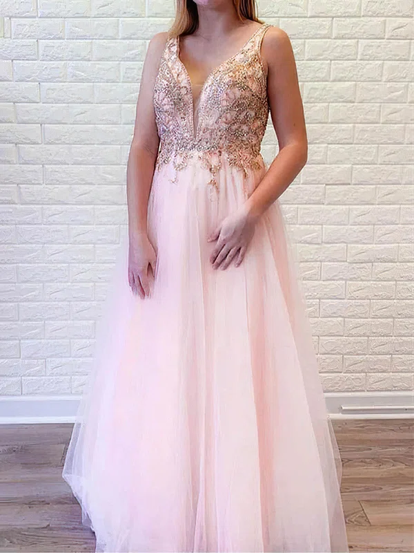 A-line V-neck Tulle Floor-length Prom Dresses With Beading #UKM020114436