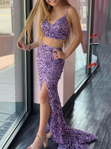 Sheath/Column Sweep Train V-neck Sequined Split Front Prom Dresses #UKM020114437