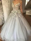 Ball Gown V-neck Tulle Glitter Sweep Train Prom Dresses With Flower(s) #UKM020114440