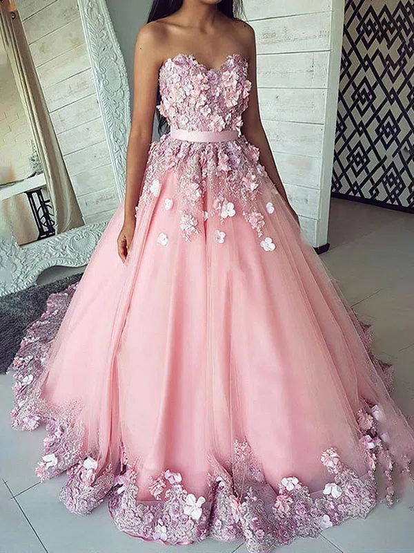 Ball Gown Sweetheart Tulle Sweep Train Prom Dresses With Flower(s) #UKM020114443