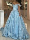 Ball Gown Off-the-shoulder Lace Tulle Sweep Train Prom Dresses With Appliques Lace #UKM020114444