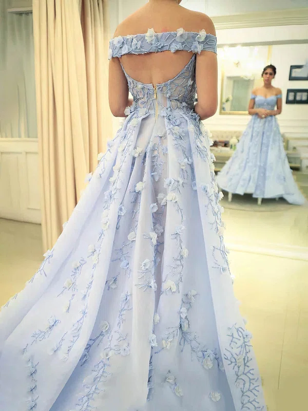 Princess Off-the-shoulder Organza Sweep Train Prom Dresses With Appliques Lace #UKM020114447