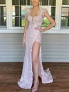 Sheath/Column V-neck Tulle Sweep Train Prom Dresses With Feathers / Fur #UKM020114455