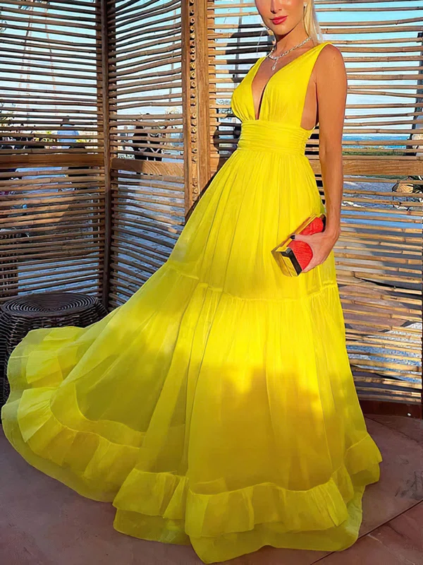 A-line V-neck Chiffon Floor-length Prom Dresses With Tiered #UKM020114458