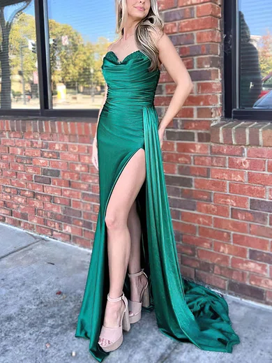Sheath/Column Sweetheart Silk-like Satin Sweep Train Ruffles Prom Dresses #UKM020114459
