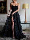A-line Strapless Tulle Sweep Train Prom Dresses With Flower(s) #UKM020114468