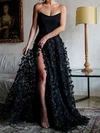 Black Ball Gown Strapless Tulle 3D Floral Prom Dresses #UKM020114468