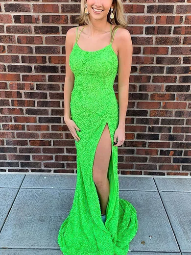Sheath/Column Scoop Neck Sequined Sweep Train Prom Dresses With Split Front #UKM020114471