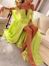 A-line Off-the-shoulder Chiffon Sweep Train Prom Dresses With Split Front #UKM020114473