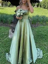 A-line Sweetheart Silk-like Satin Sweep Train Prom Dresses #UKM020114476