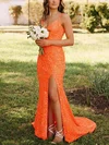 Sheath/Column V-neck Sequined Sweep Train Prom Dresses With Split Front #UKM020114477