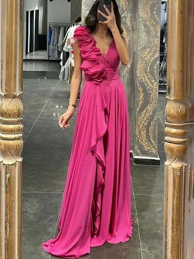 A-line V-neck Chiffon Floor-length Prom Dresses With Cascading Ruffles #UKM020114482