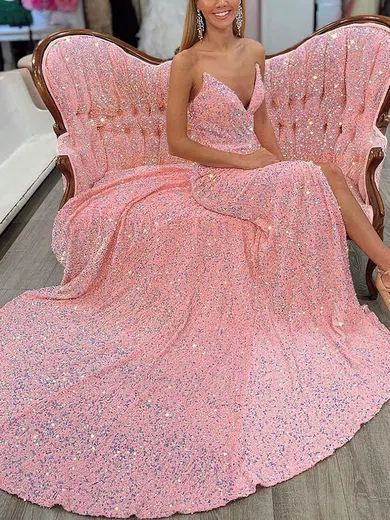 Sheath/Column V-neck Sequined Sweep Train Prom Dresses With Split Front #UKM020114484
