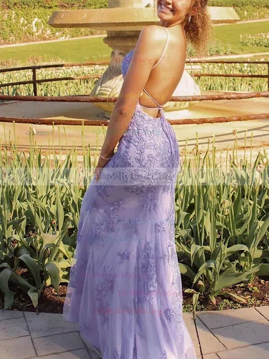 Beading Sheath Column Lavender Strapless Tulle Prom Dress