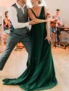 A-line V-neck Silk-like Satin Sweep Train Prom Dresses #UKM020114491