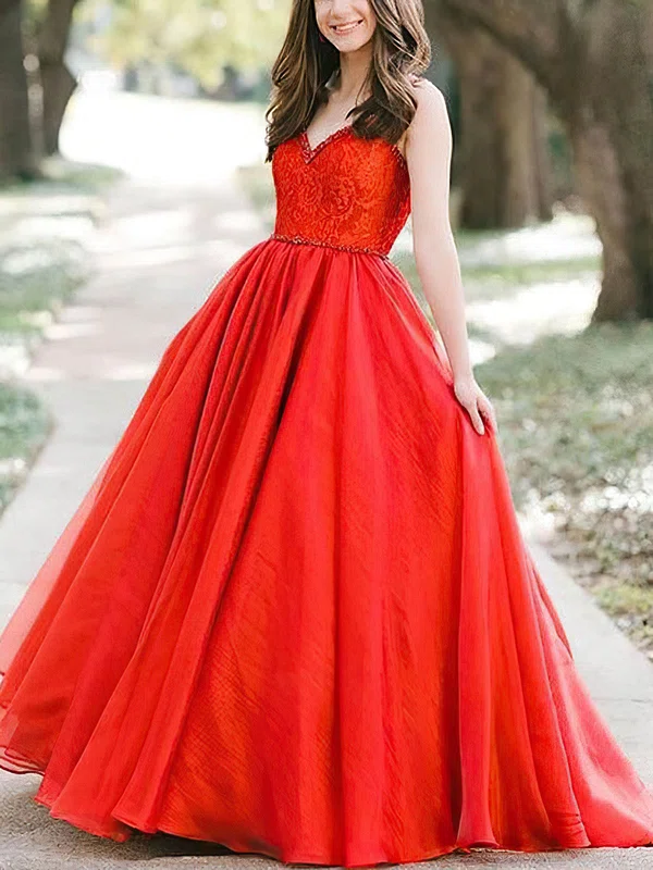 Ball Gown V-neck Lace Organza Sweep Train Prom Dresses With Sashes / Ribbons #UKM020114492