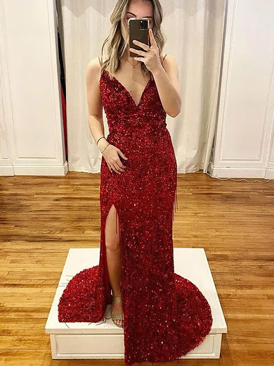 Sheath/Column V-neck Sequined Sweep Train Prom Dresses With Split Front #UKM020114495
