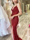 Sheath/Column V-neck Sequined Sweep Train Prom Dresses With Split Front #UKM020114497